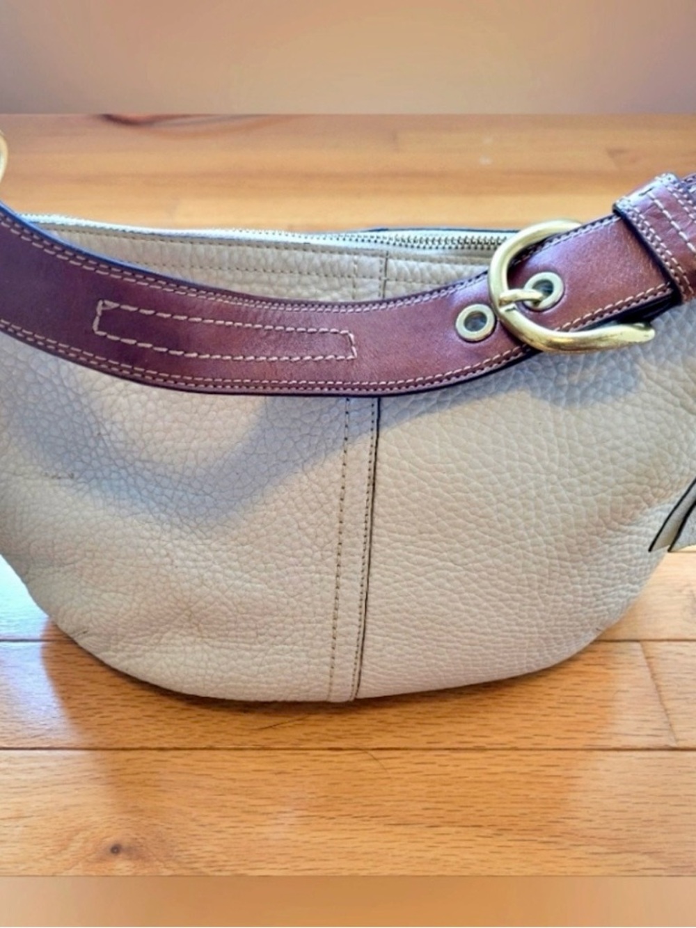 Coach Ivory Leather Hobo Bag with Brown Accent Strap